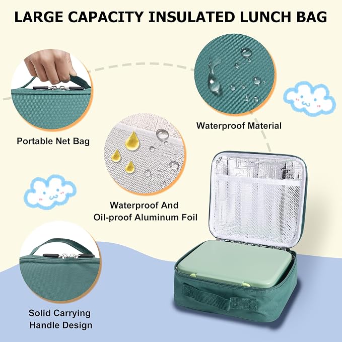 Bento Lunch Box for Kids with Thermo, Leakproof Bento Box with 8oz Insulated Food Jar, Lunch Bag, BPA Free Dishwasher Safe 4 Compartment Container for School Girls Boys (Green)