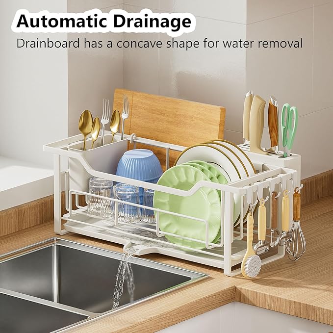 AIDERLY Narrow Dish Drying Rack Dish Drainer, White | Auto Drain, Iron Construction, Removable Cutlery Basket, For Kitchen Counter
