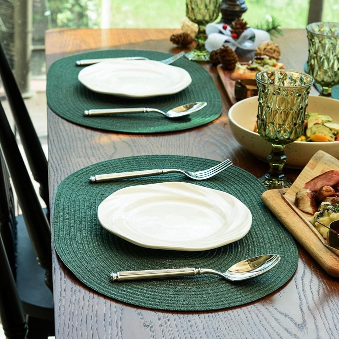 Placemats Set of 8, Woven Oval Braided Dining Table Mats(Sage Green) | 12 x 17.5 Inch Size Fits Plates and Flatware; Hand Washable and Heat Resistant for Kitchen Use, with Farmhouse and Boho Style