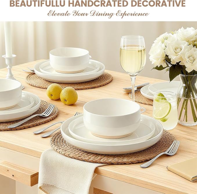 Plates and Bowls Sets, Scratch Resistant Dinnerware Sets for 8, 24 Pieces Porcelain Ceramic Dishware Dishes Set, Modern Stoneware Kitchen Dinner Set, Microwave and Dishwasher Safe, Cream White