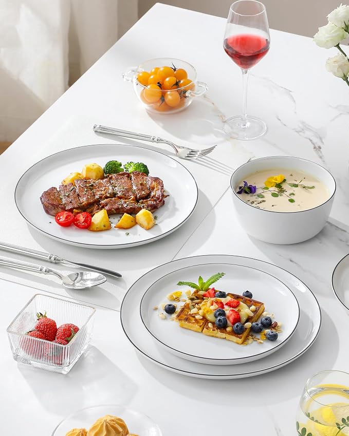 MALACASA 18-Piece Dinnerware Set for 6, White Black-Rim Porcelain Dishes | High-Fired Porcelain, Chip and Scratch Resistant, Microwave and Dishwasher Safe, Dinner, Salad Plates and Cereal Bowls