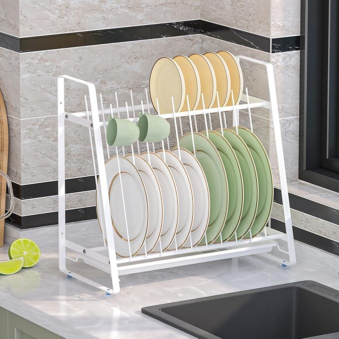 Dish Drying Rack with Drainboard, 11 Slots Upright | 2-Tier Plate Organizer, Countertop/Wall-Mounted Kitchen Dish Holder