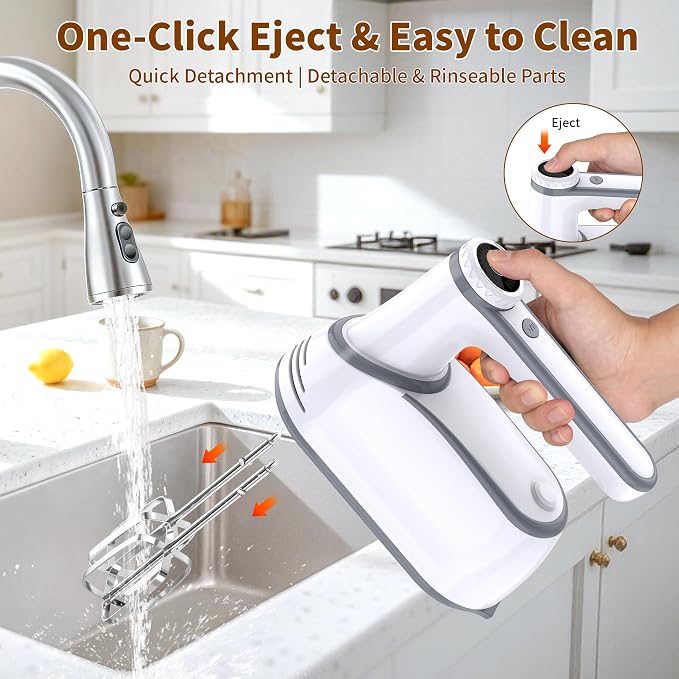 binROC Cordless Electric Hand Mixer, 12-Speed with Storage Case, White | Rechargeable, Eject Button, LED, Self-Stand, 6×304 Stainless Attachment, Overheat Protection, Quiet for Baking Dough Cake Egg