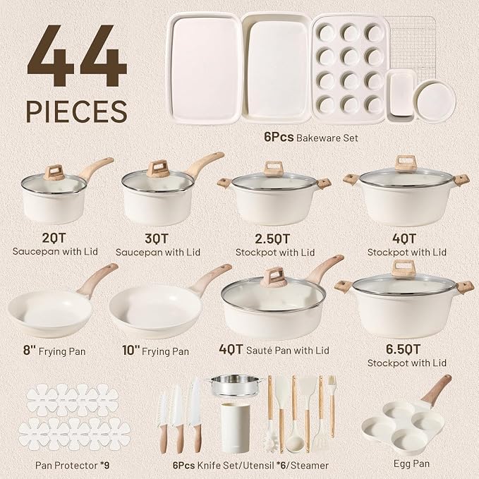 CAROTE 44pcs Pots and Pans, Nonstick Cookware Sets with Bakeware | Induction Cooking Set with Kitchen Knife Set & Egg Pan, Durable, Easy Clean, Even Heating