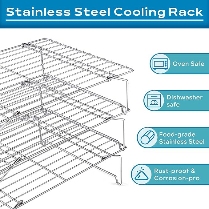 Leonyo 3-Tier 15x10IN Cookie Cooling Rack for Cooking Stackable Collapsible | Stainless Steel Cookie Cooling Racks For Cooking Baking, Wire Cookies Rack for Drying Pizza with Raised Legs, Dishwasher Safe