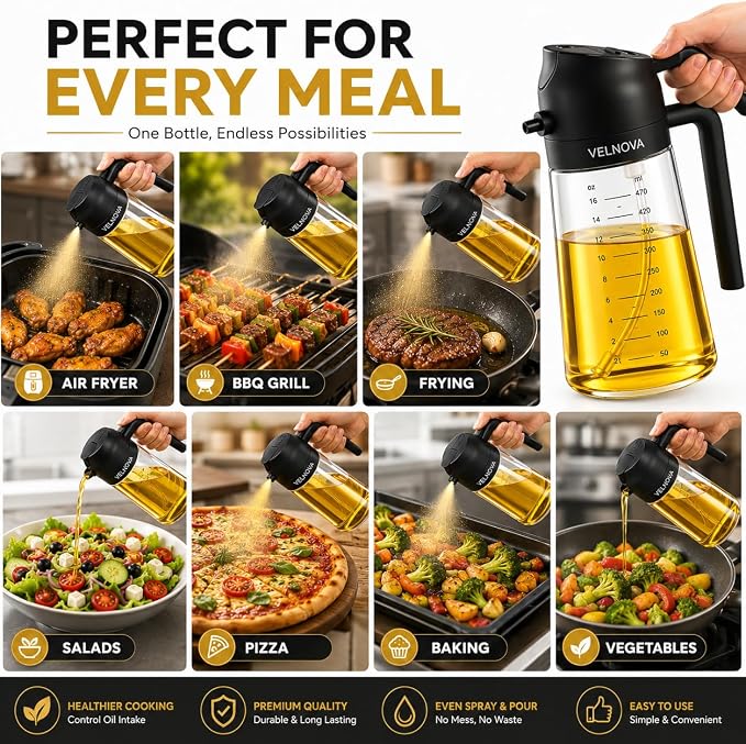 Olive Oil Sprayer for Cooking, 16oz/470ml Glass Oil Sprayer & Dispenser, 2-in-1 Oil Mister Bottle for Air Fryer, Salad, BBQ, Frying, Roasting & Kitchen, Food Grade, Leakproof, Refillable