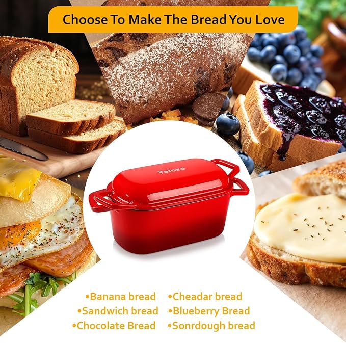 Velaze 3.6 QT Oval Cast Iron Dutch Oven for Bread Baking, Offset Handles | Bread Pan with Lid for Sourdough Sandwich,Small Households Baking,Gift for Bread Bakers,Deep Base,Oven Safe,Red