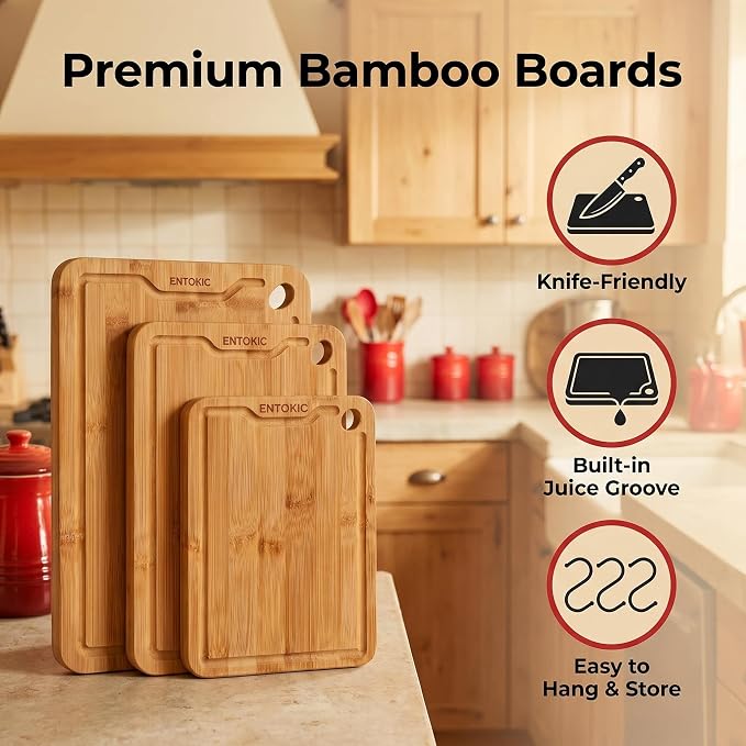 Dark Bamboo Wooden Cutting Boards Kitchen Chopping Boards With 3 hooks | Durable carbonized bamboo construction deep juice groove for food prep meat cutting vegetable chopping and daily serving