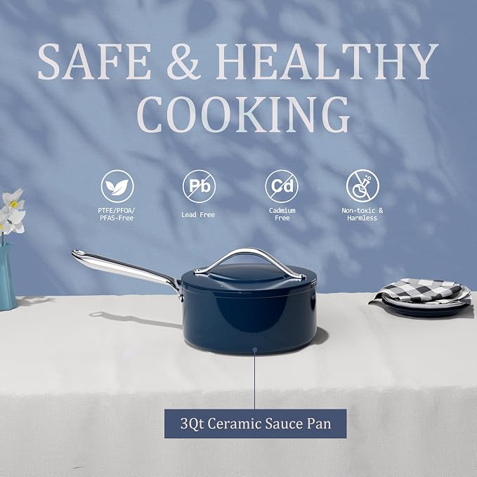 CookinCraze Premium Ceramic Sauce Pan with Lid, 3.5 QT Nonstick Saucepan | for Healthy Everyday Cooking, PFAS & PTFE Free, Induction Compatible, Oven Safe up to 500°F, Navy Blue