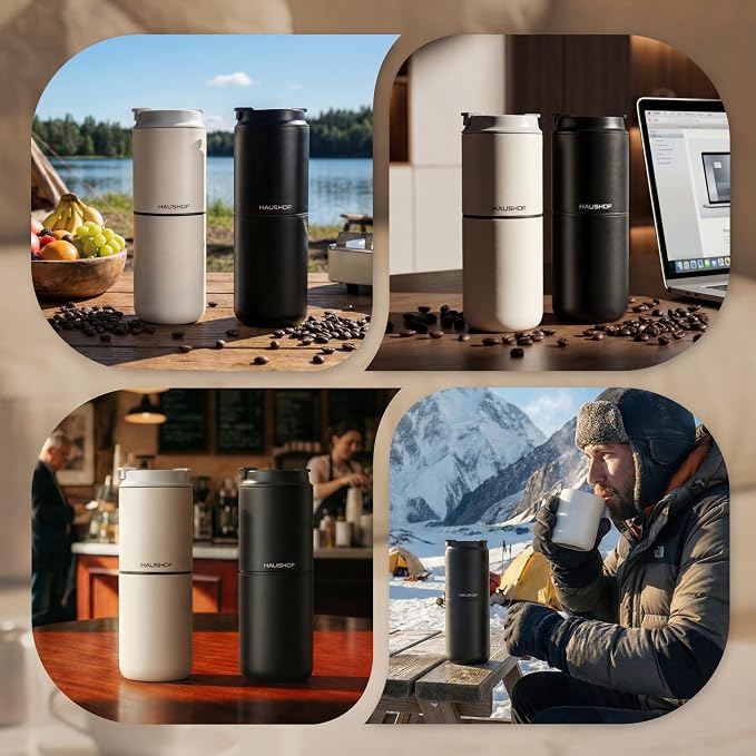 HAUSHOF Rechargeable Electric Grinder, Portable Brew Pour Over Coffee Maker | All-in-One Grind & Brew;5 Grind Settings;Easy One-Button Start;Insulated Travel Design