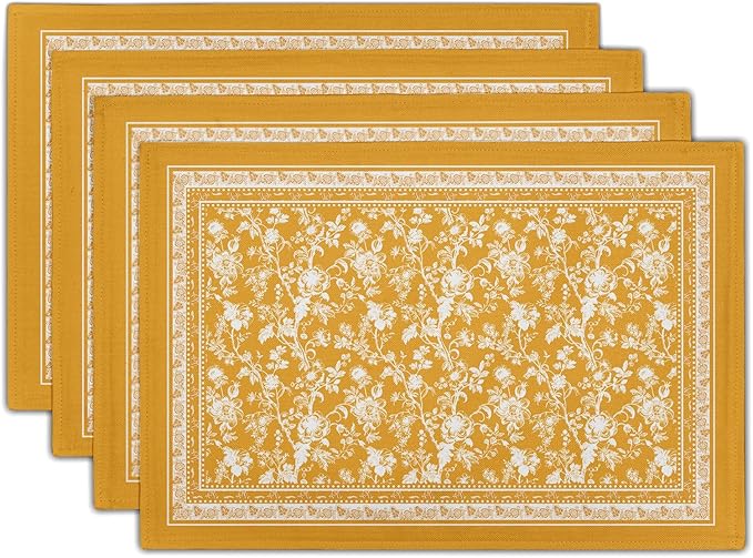 Rustic Yellow Vintage Flowers Placemats Set of 4，Chinoiserie Floral Branches Decoration Table Mat Washable Non-Slip Place Mats 12 x 18 Inch for Party Kitchen Dining