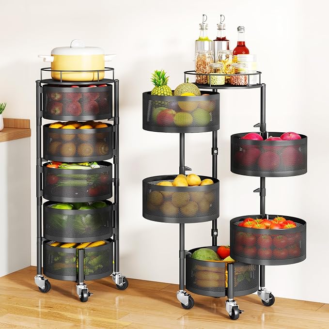 SAYZH 5 Tier Fruit Vegetable Basket Stand for Kitchen, Rotating, Black | Rolling Storage Cart with top lid, Large Metal Wire Rack for Potato and Onion Storage