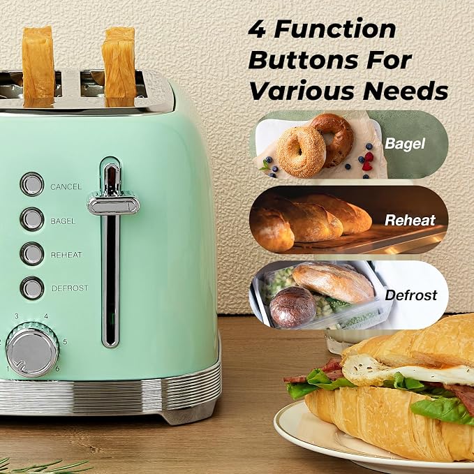 Toaster 2 Slice Retro Stainless Steel, Aqua Green | 1.5” Extra Wide Slots with Bagel, Defrost, Reheat, Cancel Functions, 6 Bread Shade Settings, Removable Crumb Tray