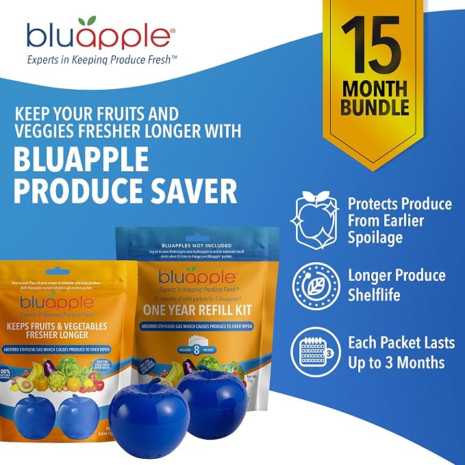 Bluapple Produce Saver Ethylene Gas Absorber - Fresh Fruit & Vegetable Storage for Refrigerator, Kitchen Must Haves, Produce Keeper, Fruit Saver, Each Packet Lasts 3 Months, BPA Free - 15-Month Bundle