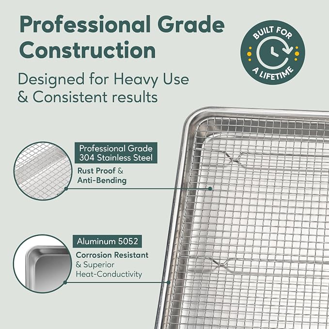 Aluminum Baking Sheet with Cooling Rack Set, 13'' x 18'' | 100% Stainless Steel Rack, Oven Safe, Half Sheet Size Pan, Durable Rimmed Sides, Easy Clean, Commercial Quality for Cooking