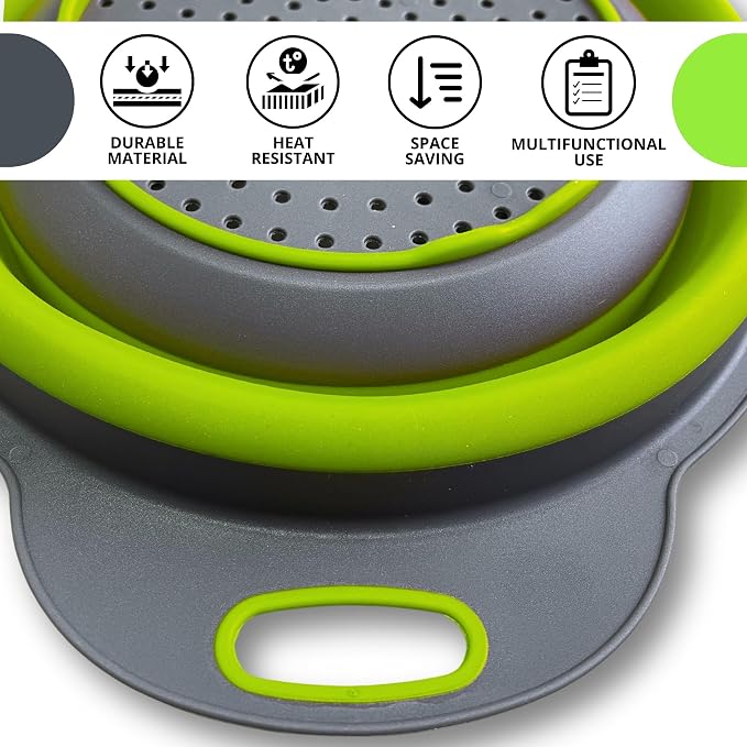 Green Kitchen Strainer Colander Set - 2 PCS Multifunctional Colander Silicone Food Strainers for Kitchen for Pasta and Spaghetti Collapsible with Plastic Handles