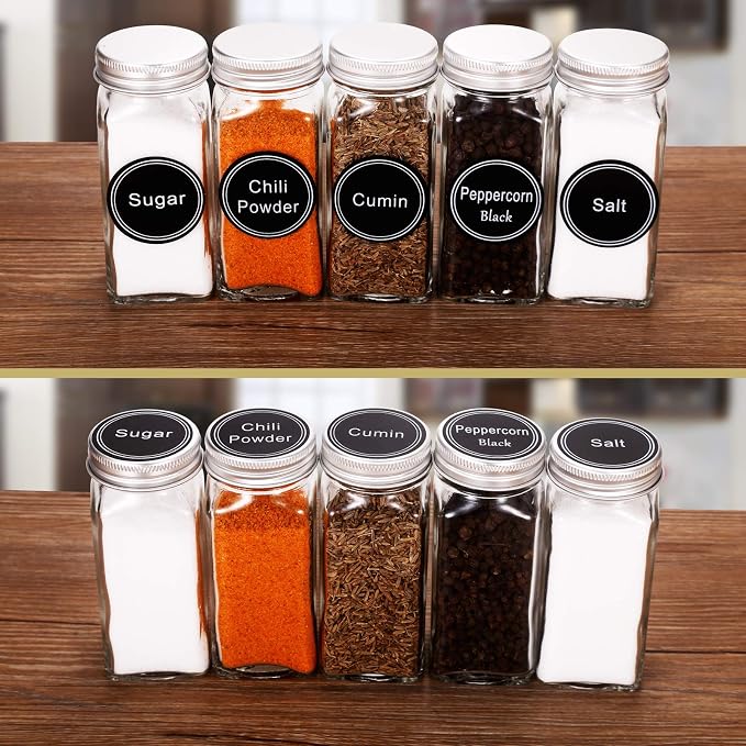 SWOMMOLY 25 Pcs 4 oz Glass Spice Jars with 703 Spice Labels and Shaker Lids | Empty Spice Containers with Airtight Lids, Chalk Marker, Funnel - Square Seasoning Bottles for Spice Racks, Cabinets, Drawers