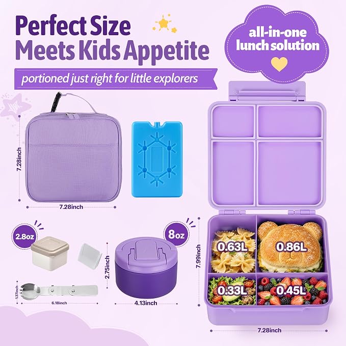 Bento Lunch Box Set with 8 oz Soup Thermo, Kids Leakproof 4 Compartments Hot Food Container with Sauce Cup, Ice Pack and Lunch Bag, Child Insulated Food Jar for School - Purple