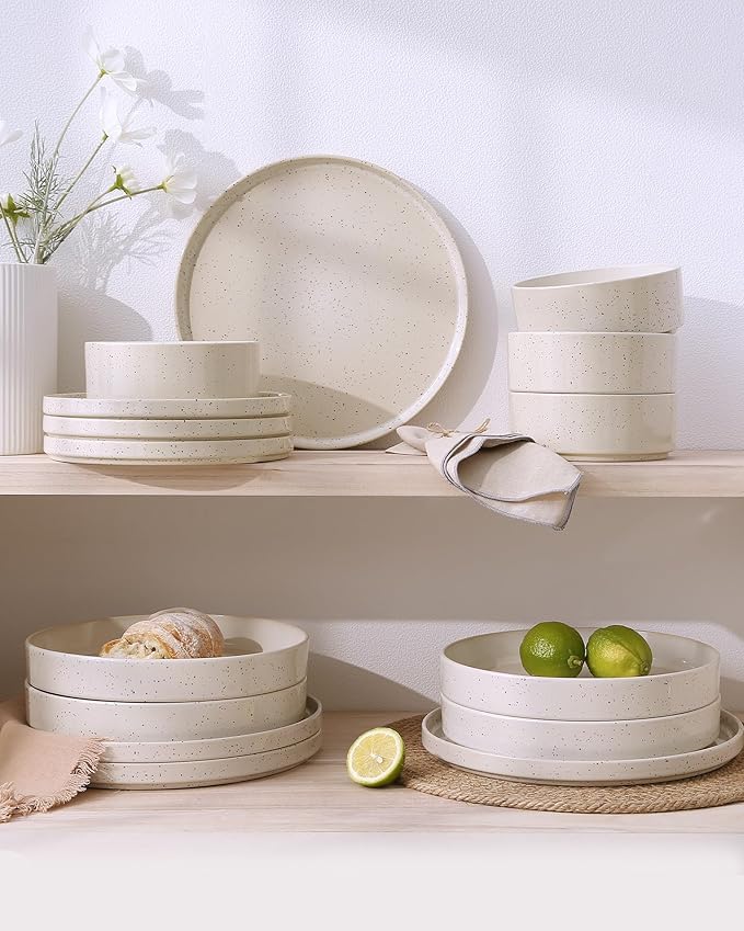 Famiware Nebula 12-Piece Stoneware Dinnerware Set, Creamy White | Plates and Bowls with Reactive Glaze and Colorful Speckles, Chip & Scratch Resistant, Microwave & Dishwasher Safe