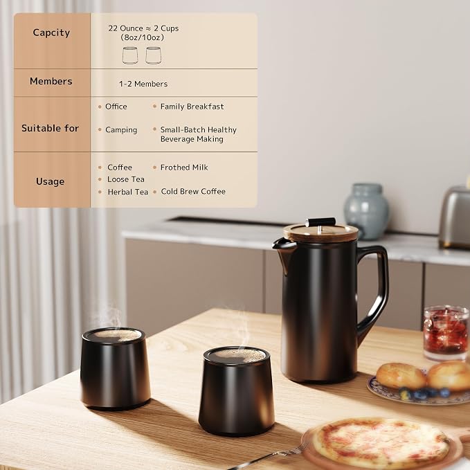 Ceramic French Press 22oz, Walnut Wood Lid, Black | Lead-Free, Dual Food Grade Stainless Steel Filters, Grit-Free, For Coffee and Loose Tea, Heat Retention, High-Fired Ceramic