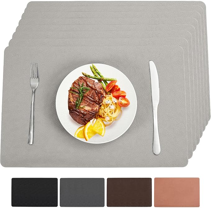Light Gray Vinyl Placemats Set of 8 Waterproof Wipeable Table Mats | Heat Resistant Easy Clean Place Mats Faux Leather Table Mats Washable PVC Table Placemats for Dining Table(Light Gray)