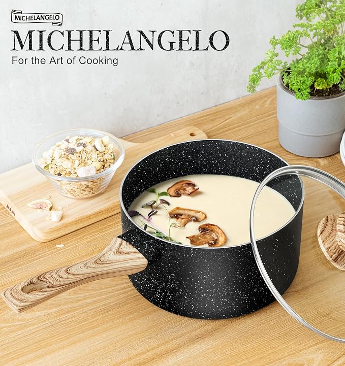 MICHELANGELO Saucepan Set, 3-Piece Nonstick Sauce Pans with Lids, 1QT, 2QT, 3QT, Black Granite Stone