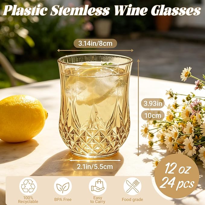 24 Pack Plastic Stemless Wine Glasses, 12oz Unbreakable Wine Cups | Reusable Fancy Vintage Drinking Glass Bulk for Cocktail, Whiskey, Juice, Elegant Decor for Wedding, Party & Holiday Events