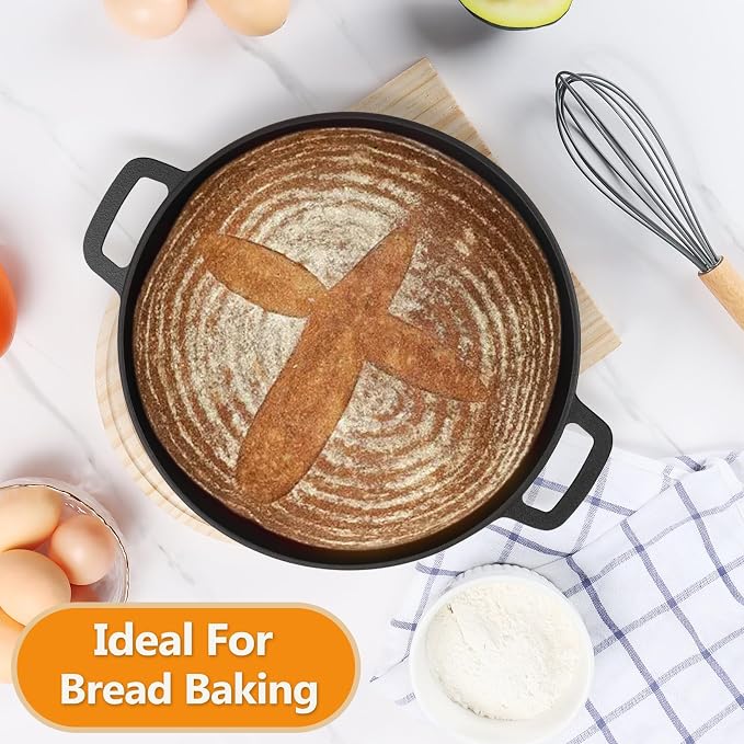 P&P CHEF 2 In 1 Black Dutch Oven Pot with Lid for Bread Baking, 5Qt | Cast Iron Bread Dutch Oven, Skillet & Pot for Roasting Braising Stewing Frying Simmering, Multi Stoves & Oven Safe