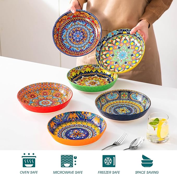vancasso 32 Oz Pasta Bowls, Porcelain Large Colorful Salad Soup Bowls Set of 6, Pasta Serving Bowls Plates for Kitchen, Dishwasher & Microwave Safe, Series KRVI