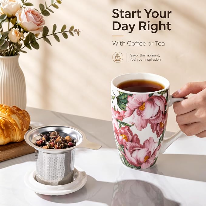 AmorArc Tea Cup With Infuser and Lid, 18oz Loose Leaf Tea Mug With Steeper | Porcelain Tea Mug With Infuser and Lid, Strainer Tea Cup for Tea Lovers, Home & Office, Housewarming Birthday Gift