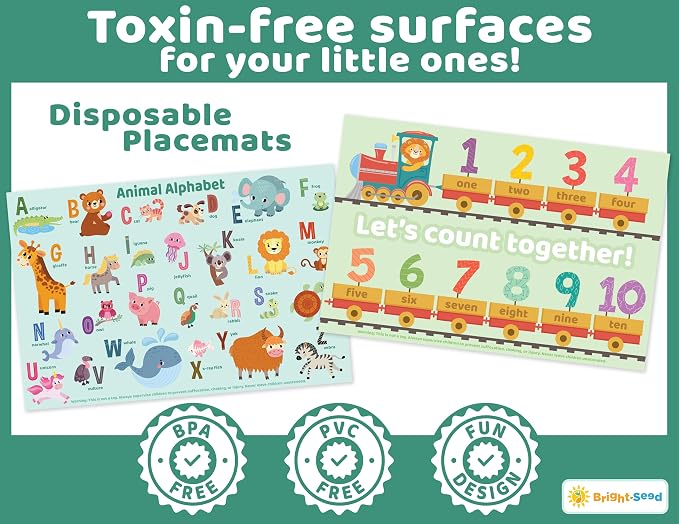 Bright Seed Disposable Placemats for Baby & Toddlers, Learning Mat- Animal1 | 40 Disposable Placemats, ABC, Numbers & Animal Learning, Perfect for Restaurants & Travel, Helps Keep Tables Clean