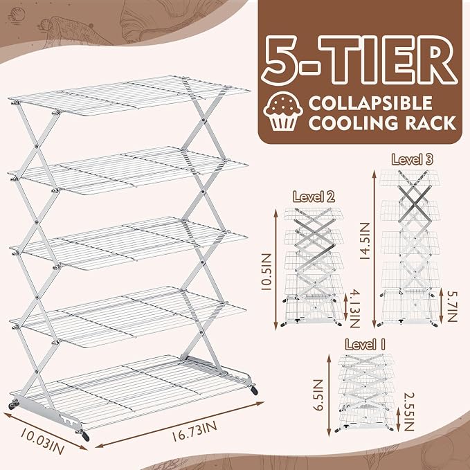 Novabright 5 Tier Collapsible Cooling Rack for Baking, 16'' x 10'' Stainless Steel Stackable Baking Rack for Cookies Bread, Oven Safe Roasting, Space Saving Kitchen Essentials Gifts for Women, Silver