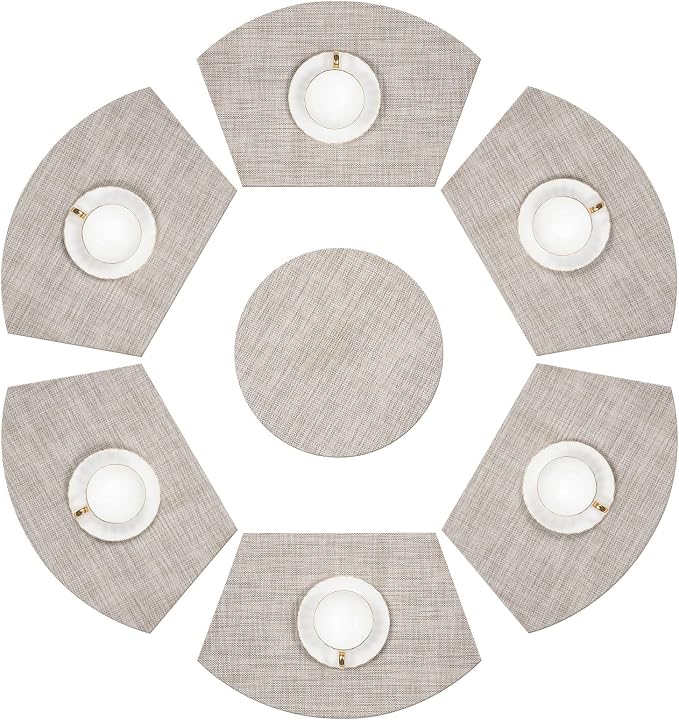 SHACOS Round Table Placemats Set of 7 Wedge Placemats with Centerpiece Round Mats Heat Resistant Washable (7, Beige White Black)