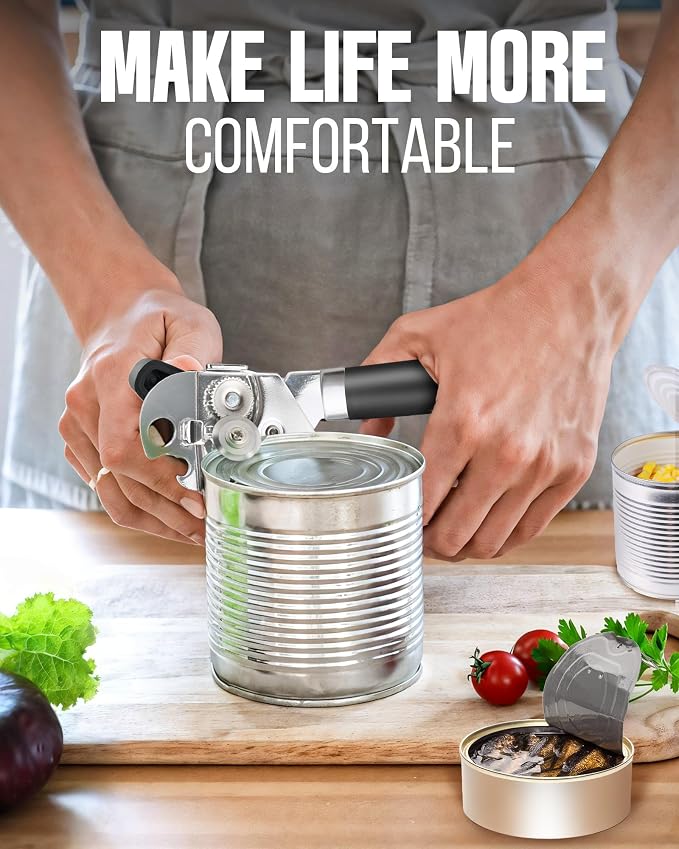 Multifunctional Can Opener Manual, Durable Heavy Duty Handheld Strong Can Opener with Smooth Cutting Edge, Friendly Kitchen Essentials Tool for Seniors, Camping and Bottle Opening-Black