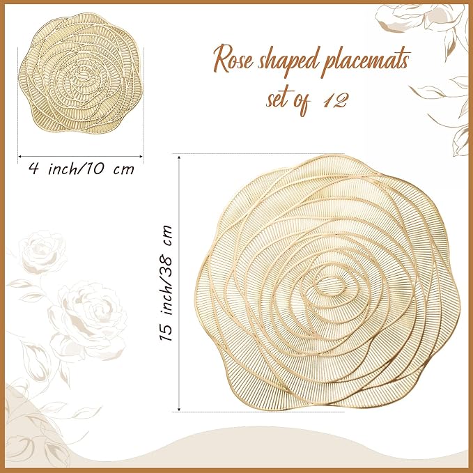Sieral Round Hollow Rose Vinyl 15'' Placemat & 4'' Coaster,Gold,12 Set