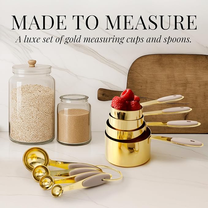 Styled Settings Gold Measuring Cups and Spoons Set, 8-Piece | Stainless Steel, 8-Piece Brass Measuring Set with Beige Silicone, Stackable, Gold Kitchen Accessories for Baking & Cooking