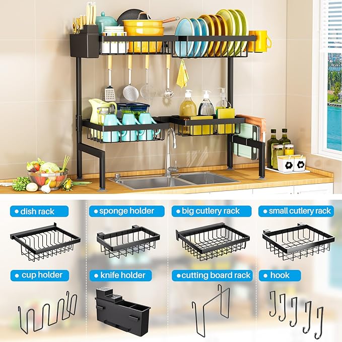 ARSTPEOE Large Over The Sink Dish Drying Rack 2 Tiers 4 Baskets | Fits All Sinks (from 26.57" to 35"), 2-Tier Adjustable SinkRack, Dishes Rack Kitchen Storage Organizer, Space Saving