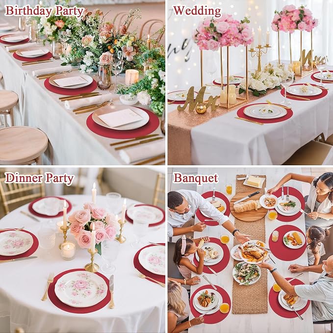 SHACOS 100 pcs Christmas Disposable Round Paper Placemats 13 inch Colored Paper Decorative Place Mats for Wedding Birthday Party Events Table Decoration, Dark Red (Pack of 2)