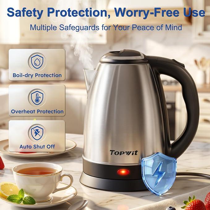 TOPWIT 2.0L Stainless Steel Electric Kettle, Rapid Boiling Hot Water Kettle | BPA-Free, No Plastic Contact, Electric Tea Kettle with Auto Shut-off and Boil-dry Protection for Home & Office