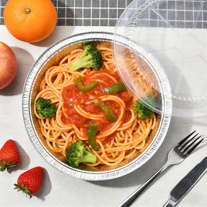 50 Pack 9" Round Aluminum Pans with Clear Lids, Pie Tins Disposable Foil Pans with Lids, Take Out Containers, Freezer Oven Safe Aluminum Baking Pans for Storing, Baking, Meal Prep & Reheating
