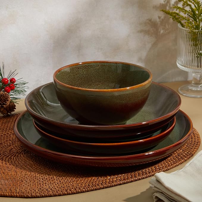 16 Piece Double Bowl Dinnerware Sets with Pasta Bowls, Highly Chip and Crack Resistant Plates and Bowls Sets, Natural Earthyware Ceramic Dishware Sets, Service for 4 Sage Green