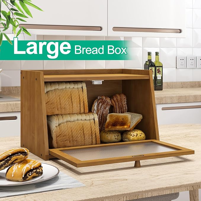 kiplant Bread Box for Kitchen Counter, Large Bamboo Bread Storage Container with Wavy Arcylic Door, Bamboo Wooden Farmhouse Bread Box for Your House (Brown, Medium)