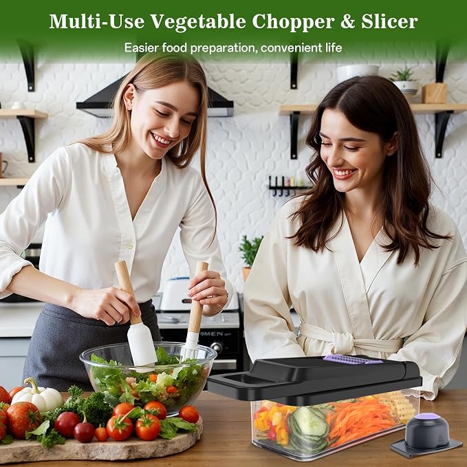HomeHacks Veggie Chopper Vegetable Cutter, 12 in 1 Kitchen Gadget, Purple | Dicer, Slicer, Cutter, Slap Chop, Cheese Grater & Egg Separator - Multi-Functional Salad Fruit Onion Chopper with Container