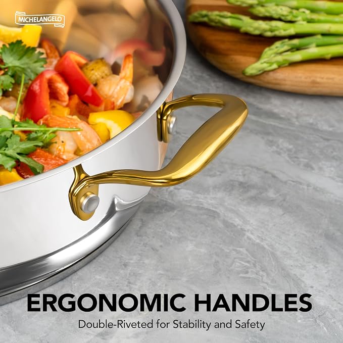 MICHELANGELO Stainless Steel Pan - 6 Quart Braiser Pan, 12 Inch Saute Pan with Glass Lid, Non-Coated Deep Frying Pan Induction Compatible & Dishwasher Safe