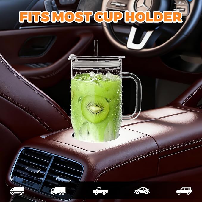 Birity 2Pack 40OZ Glass Tumbler with Handle,Glass Cup with Lid and Straw,Reusable Glass Iced Coffee Cup for Beer, Smoothies, Juice,Hot/Cold Drinks-Suitable for Birthday,Wedding