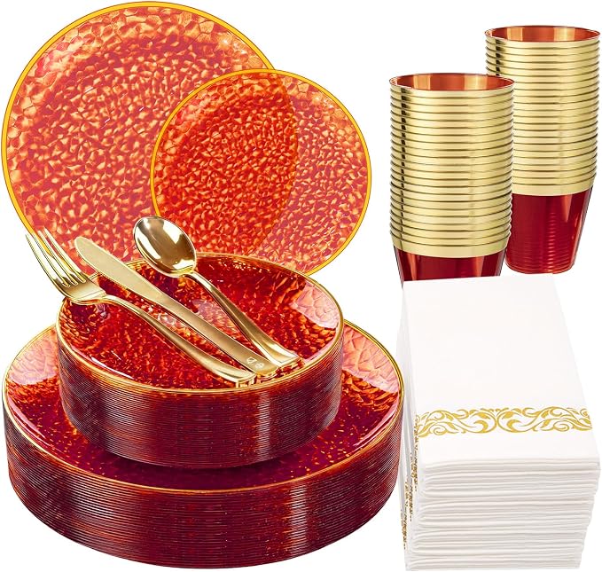 Rubtlamp 175 Pcs Plastic Dinnerware Set (25 Guests), Red And Gold Plastic Plates, Hammered Party Plates Set Include Dinner Plates, Dessert Plates, Cups, Cutlery Set And Napkins for Wedding And Party