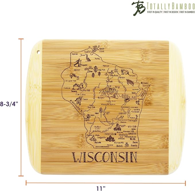 Totally Bamboo A Slice of Life Wisconsin Engraved Map Cutting Board | 11” x 8.75” charcuterie board with engraved state map artwork. Smooth reverse side for food prep. Hang tie for wall display.