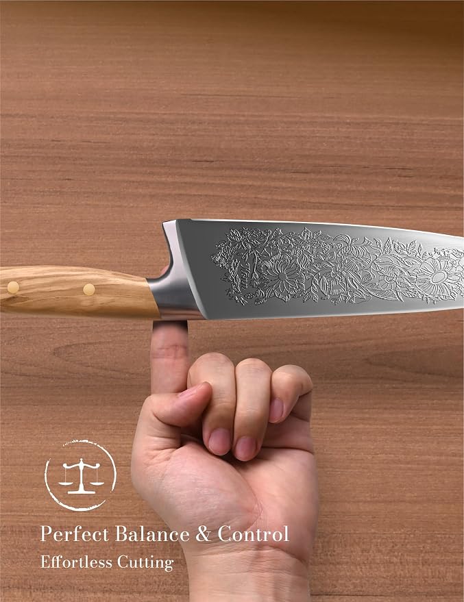 Chef Kitchen Knife 8", Embossed Botanical Blade, Olive Wood Handle | Created in collaboration with a German designer. Includes leather sheath and gift box for elegant presentation