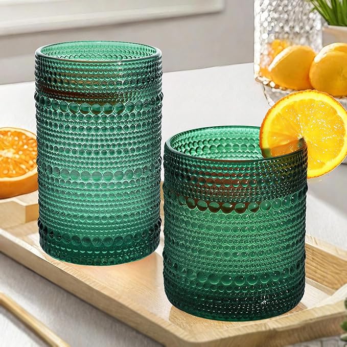 Vintage Hobnail Driinking Glasses Set, Glassware Drinking Set of 8, 12 oz Highball Glasses & 10 oz Cocktail Glasses, Tumbler Glasses for Cocktails, Whiskey, Juice, Milk, Blackish Green