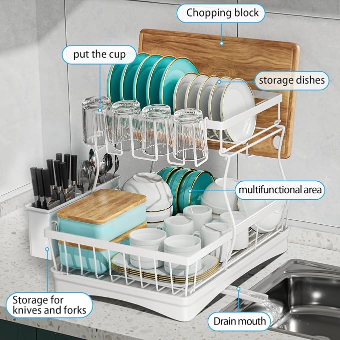 7 code 2-Tier Large Dish Drying Rack for Kitchen Counter, White | Detachable Large Capacity Dish Drainer Organizer with Auto Drain, Anti-Rust Dish Rack with Cup & Utensil Holders